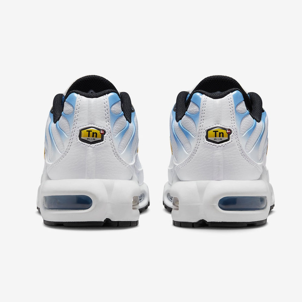 Nike Air Max Plus white/university blue/gold — heel view