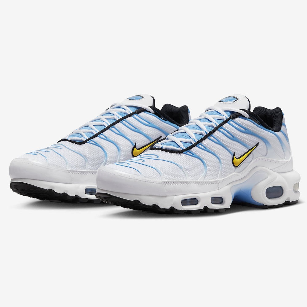 Nike Air Max Plus white/university blue/gold — three-quarter view