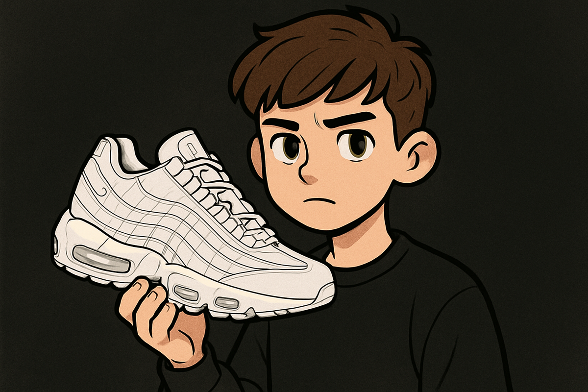 Young male holding ‘Nike Air Max 95 Triple White’ in hand. Cute haircut, semi-serious face and dark background. Cartoon mode