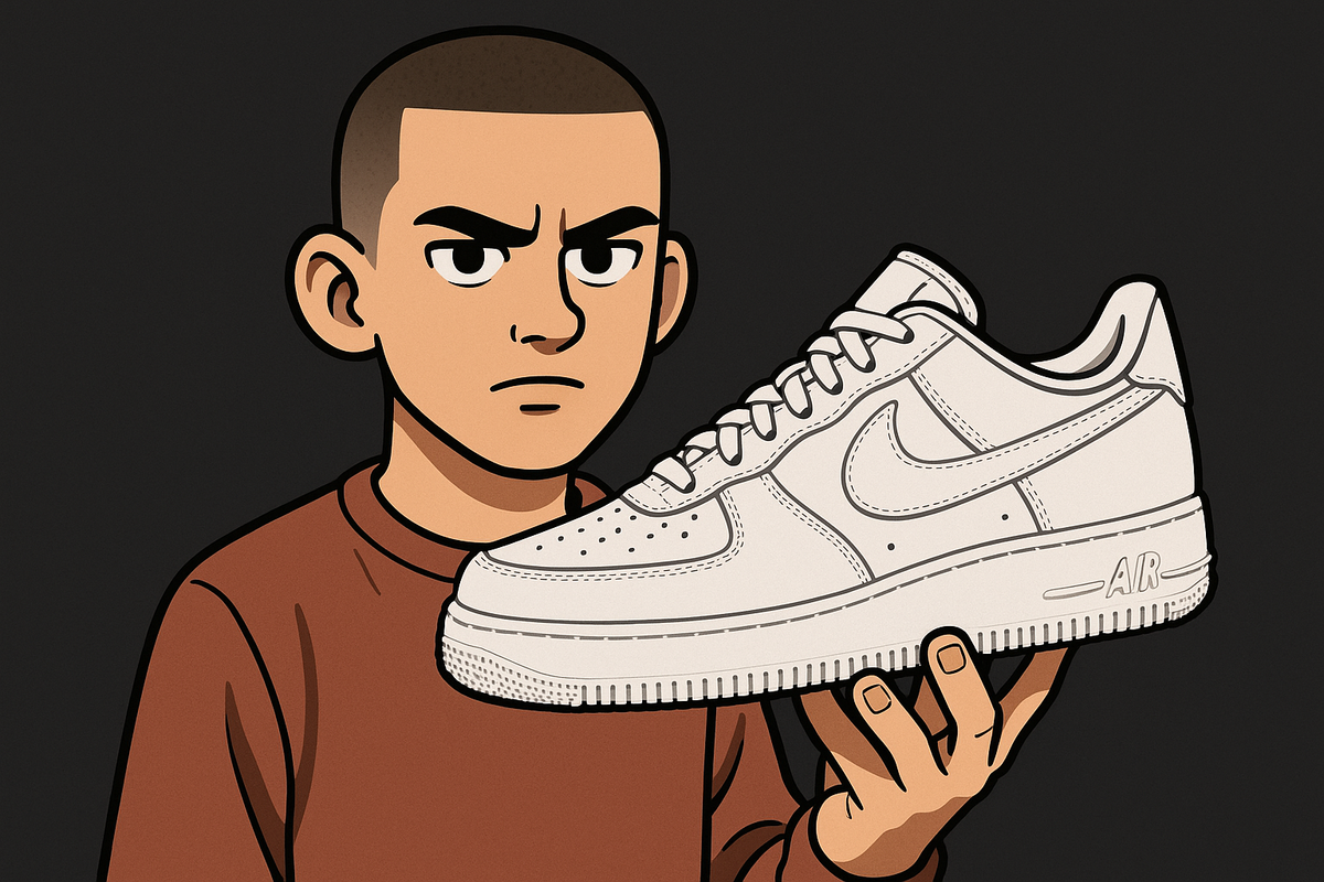 Young male with buzz cut cartoon mode holding ‘Nike Air Force 1 Triple White’ in hand. Cartoon, dark background, serious face